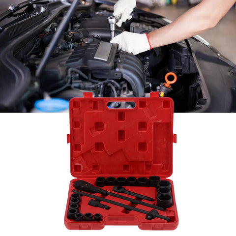 Get This Insane 21 Piece Deep Impact Socket Set With 3/4 And Two Inch Heads For Heavy Duty Vehicle Repair Jobs Making Mechanics Look Like Total Bosses Who Ace Every Tough Job Under The Hood Fast, red case with deep sockets