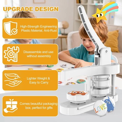 Pre Assembled Button Maker Machine With Free 58mm Discs No Sweat Setup Straight Out The Box Diy Badge Press Kit showcasing light design and easy use by child.