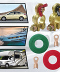 Two Pack Solid Brass Battery Terminal Connectors Top Post End Clamps For Cars And Marine Color Coded Wing Nuts and accessories.