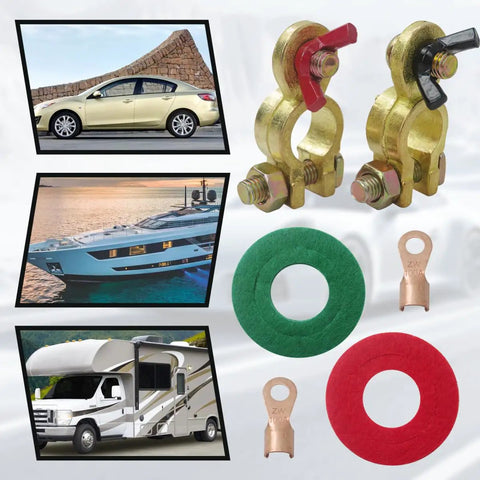 Two Pack Solid Brass Battery Terminal Connectors Top Post End Clamps For Cars And Marine Color Coded Wing Nuts and accessories.