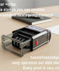 Premium Self Inking Date Stamp With Blue And Red Ink Perfect For Received Docs on a wooden desk showing clear impressions.