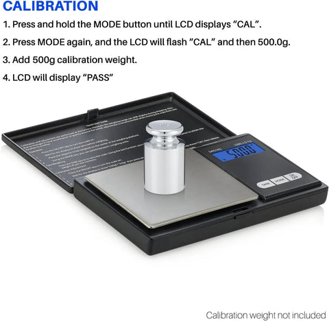 Pocket Digital Scale 0.1g Precision 1000g Capacity For Jewelry, Food, Herbs And Medicine On The Go with calibration instructions.