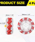 66mm Omnidirectional Mecanum Wheel Set With Hex Pins And Screws For DIY Smart Robot Cars And Model Projects ABS Rubber 2.6 Inch Red Ideal For Robotics Education Maker Bots And Automated Vehicles. Front and side view of red 66mm wheels with ABS and rubber materials.