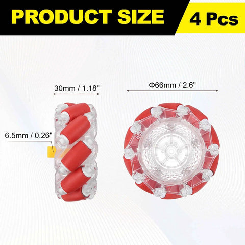 66mm Omnidirectional Mecanum Wheel Set With Hex Pins And Screws For DIY Smart Robot Cars And Model Projects ABS Rubber 2.6 Inch Red Ideal For Robotics Education Maker Bots And Automated Vehicles. Front and side view of red 66mm wheels with ABS and rubber materials.