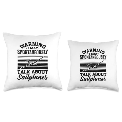 Two white Soaring Sailplane Pilot Throw Pillow For Aviation Enthusiasts And Glider Lovers with sailplane warning graphic.