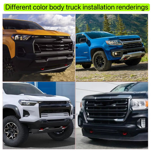 Red Tow Hook Cover for 2015-2026 Chevy Colorado Trail Boss and 2015-2022 GMC Canyon Hitch Cover on multiple trucks