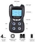 Portable 4 In 1 Gas Detector Monitor With Digital LCD Display showing O2, H2S, CO, EX levels, alarm details, black housing.