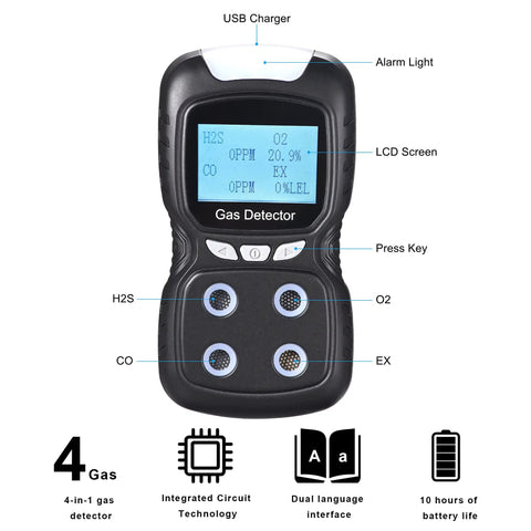 Portable 4 In 1 Gas Detector Monitor With Digital LCD Display showing O2, H2S, CO, EX levels, alarm details, black housing.