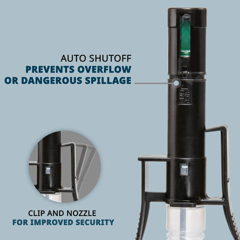 Auto Stop Fuel Transfer Pump with one hand operation and no heavy lifting, close-up of auto-shutoff feature on black nozzle.