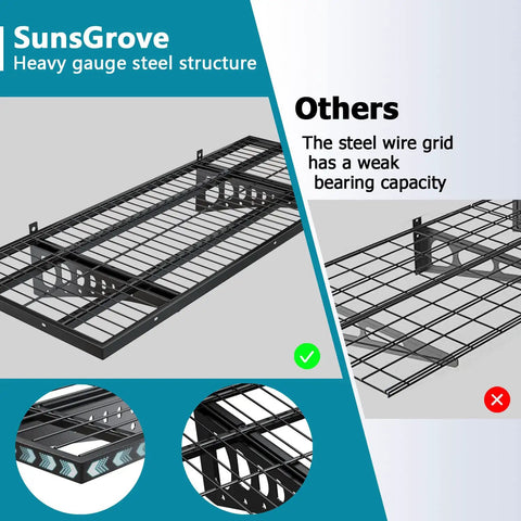 Comparison of Heavy Duty Wall Mounted Garage Shelves 2x3ft Unit showing sturdy steel structure vs weaker wire grids.