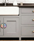 2 Pack Rainbow Bokeh Glitter Cabinet Handles With 3 Inch Hole Centers mounted on gray kitchen cabinets