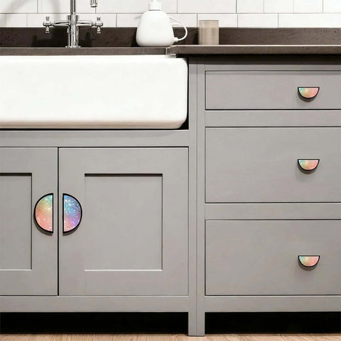 2 Pack Rainbow Bokeh Glitter Cabinet Handles With 3 Inch Hole Centers mounted on gray kitchen cabinets