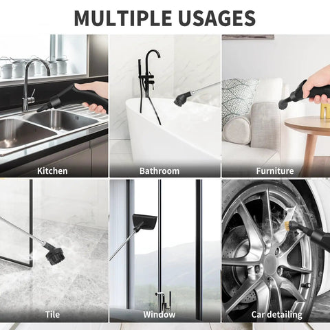Supercharged Handheld Steam Cleaner With Beast Mode 2500 Watt Power steaming kitchen sink, bathroom tub, and car wheels.