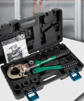 Copper Pipe Fitting Crimping Tool Built Tough Workhorse With 1/2 Inch 3/4 Inch And 1 Inch Jaw Rotatable Head Aluminum Alloy Body Portable Compatible With Viega ProPress Elkhart Conex Fittings in carrying case