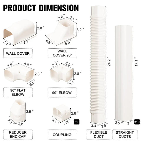 Dimensions of Decorative PVC Line Set Cover Kit For Ductless Mini Split AC And Heat Pumps, 3 Inch Wide By 16.1 Foot Long