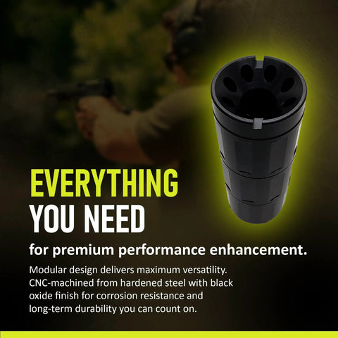 Beefy Heavy Duty CNC Machined 1/2x28 Threaded Enhancement Adapter on display with modular design and oxide black finish