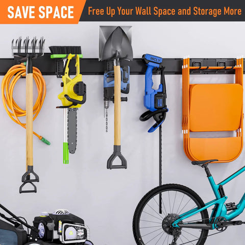 Heavy Duty Garden Tool Organizer Wall Mount For Garage With 3 Racks And 6 Adjustable Hooks, 48 Inch, holding tools and bike