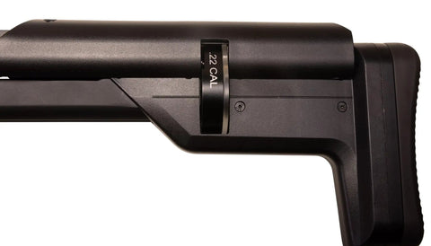 Close-up of the .22 CAL marking on Zelos 22 Caliber PCP Pellet Gun Air Rifle With 20 Round Rotary Magazine Side Lever Cocking