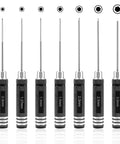 Pro RC Hex Driver Set 7Pc Hex Allen Screwdriver Kit With 0.9mm 1.27mm 1.3mm 1.5mm 2.0mm 2.5mm 3.0mm Bits For RC Cars Helicopters Drones And Traxxas Models Repair Gear displayed