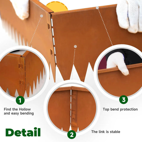 Pre-Rusted Weathering Steel Landscape Edging Kit For Gardens And Walkways, 12 Piece Set with focus on snap-fit details and gloves