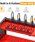 Power Tool Organizer With Charging Station, Wall Mount Rack And 8 Outlet Power Strip, Garage Tool Storage in red