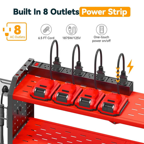 Power Tool Organizer With Charging Station, Wall Mount Rack And 8 Outlet Power Strip, Garage Tool Storage in red