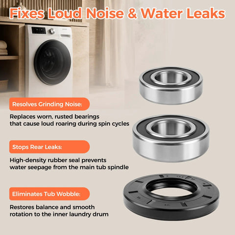 Heavy Hitter Washer Bearing And Seal Kit For Samsung Front Load Washers Replacement DC62-00156A 6601-002637 6601-000148 shown with two bearings and one tub seal