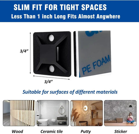 Self Adhesive Cable Zip Tie Mounts Kit With 3M Strong Adhesive, showing 3/4 inch black adhesive mounts with dimensions
