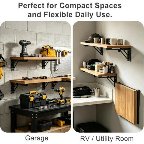 Rock Solid 16 Inch Folding Shelf Brackets Heavy Duty Steel Wall Mounts For Everyday Grind Drop Down Table Garage Kitchen Laundry Storage Solutions Black Two Pack in garage and RV setting.