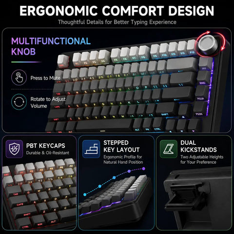 Close-up of the Slick 75 Percent Wireless Mechanical Gaming Keyboard With Hot Swappable Keys And Dope Dynamic RGB Lighting, showcasing ergonomic design and multifunctional knob.