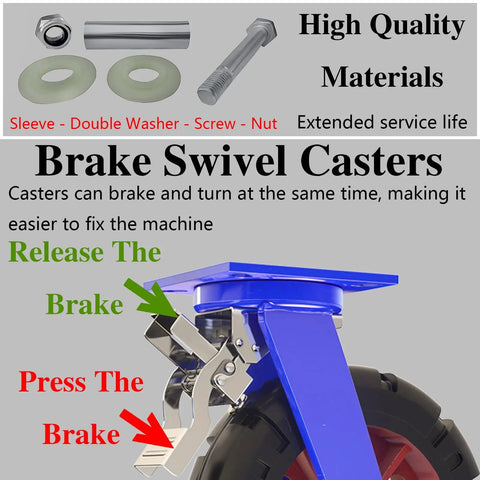 Heavy Duty Locking Casters With Dual Disc Brakes, Rock Solid Rubber Tires, Shock Absorbing Puncture Proof Wheel Kit components for installation.