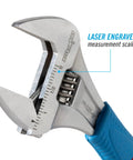 Close-up of Six Inch WideAzz Adjustable Wrench With Beefy 75 Percent Wider Jaws featuring laser engraved scales and knurl.