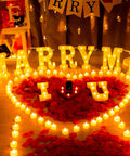 Marry Me Light Up Letters Proposal Kit With 7 Letter Signs 24 LED Tea Lights 2000 Burgundy Rose Petals And 30 Burgundy Balloons