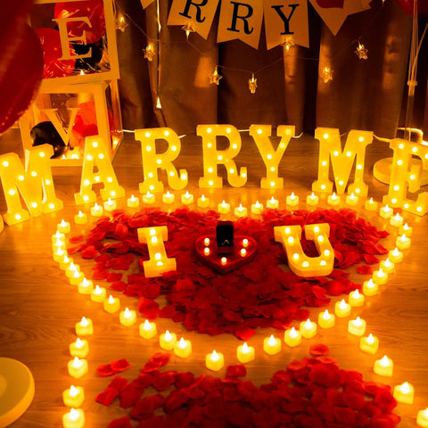 Marry Me Light Up Letters Proposal Kit With 7 Letter Signs 24 LED Tea Lights 2000 Burgundy Rose Petals And 30 Burgundy Balloons