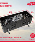 Road Ready Drum Hardware Case With Wheels And Telescoping Handle Featuring Hella Durable Roto Molded Polyethylene Construction Secure Cinch Straps For Stands Pedals And Gear Hauling Black - internal dimensions shown with gear inside.