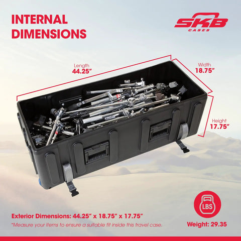 Road Ready Drum Hardware Case With Wheels And Telescoping Handle Featuring Hella Durable Roto Molded Polyethylene Construction Secure Cinch Straps For Stands Pedals And Gear Hauling Black - internal dimensions shown with gear inside.