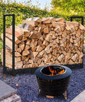 8Ft Outdoor Firewood Rack Holder For Wood Storage And Fireplace Use With 10 Stable Support Legs, filled with logs, outdoors.