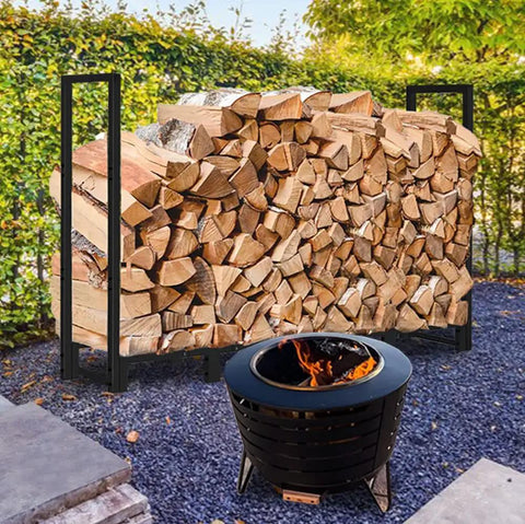 8Ft Outdoor Firewood Rack Holder For Wood Storage And Fireplace Use With 10 Stable Support Legs, filled with logs, outdoors.