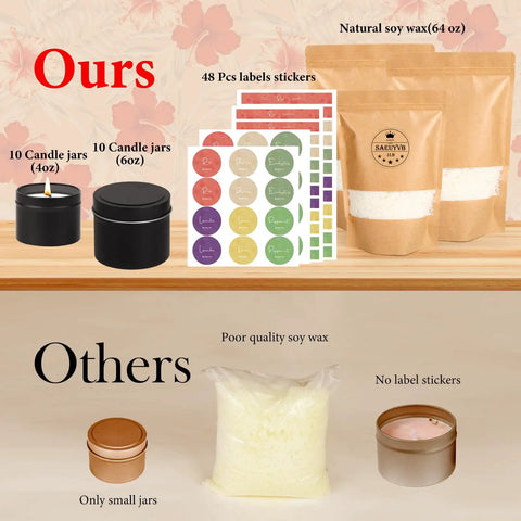 Comparison of our all-in-one candle making kit with soy wax, 20 black tins, and labels vs others with small jars, no labels.