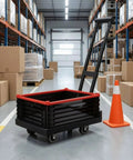 Foldable Grocery Trolley With Basket Hand Push Cart With Long Handle And Detachable Panel, Quiet Swivel Wheels, Lightweight Black Utility Wagon For Shopping And Your Everyday Hauls On The Go. Black foldable utility trolley with long handle in warehouse aisle