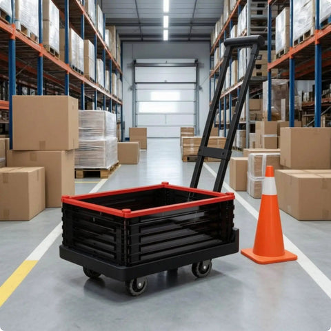 Foldable Grocery Trolley With Basket Hand Push Cart With Long Handle And Detachable Panel, Quiet Swivel Wheels, Lightweight Black Utility Wagon For Shopping And Your Everyday Hauls On The Go. Black foldable utility trolley with long handle in warehouse aisle