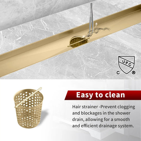 Slick 36 Inch Linear Shower Drain With Brushed Gold Finish And Heavy Duty Real Deal Build showing draining hair catcher for easy cleaning.