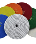 7 Inch Wet Diamond Polishing Pad Set, 7 Pieces, Grit 50 to 3000, Velcro Backed, displayed in assorted colors, showing texture detail