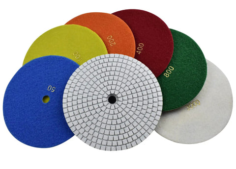 7 Inch Wet Diamond Polishing Pad Set, 7 Pieces, Grit 50 to 3000, Velcro Backed, displayed in assorted colors, showing texture detail