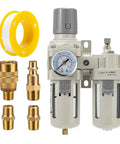 3/8 NPT Air Filter Regulator Lubricator Combo with Water Oil Trap Separator, 5 Micron Filtration, pneumatic system accessories visible