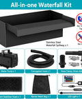 All-In-One Pond Waterfall Kit With LED Lights, 8-Inch Stainless Steel Spillway, 600 GPH Pump, Outdoor Water Feature components