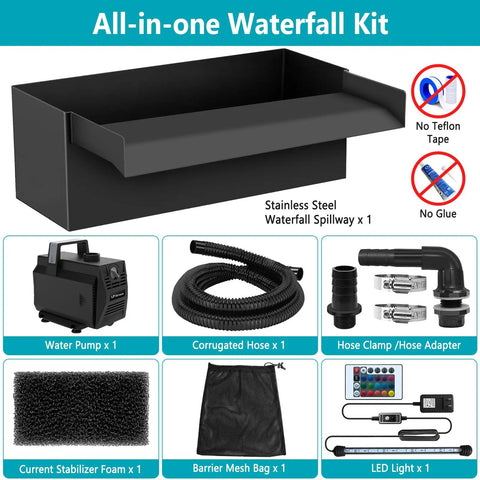 All-In-One Pond Waterfall Kit With LED Lights, 8-Inch Stainless Steel Spillway, 600 GPH Pump, Outdoor Water Feature components