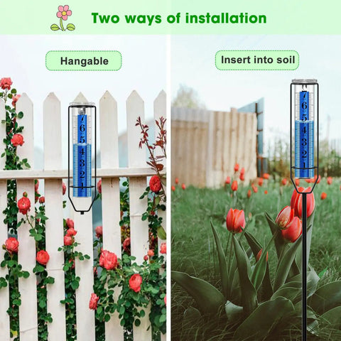 Beefed Up 7 Inch Rain Gauge For Outdoor Use with freeze proof design attached to fence and inserted in garden soil.