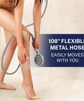 Solid Metal 9 Foot Chrome Shower Hose With Extra Long 108 Inch Reach For Handheld Shower Heads, shown on shower floor