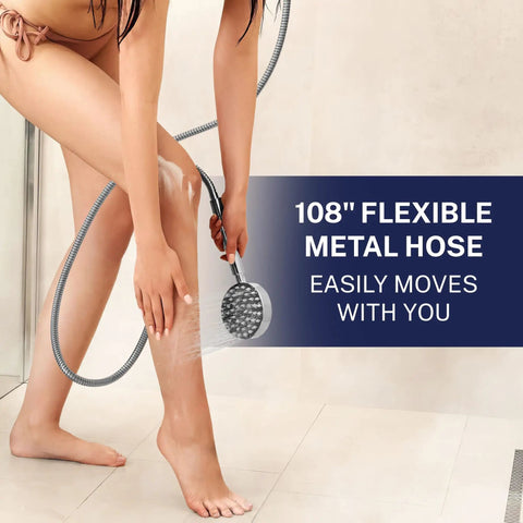 Solid Metal 9 Foot Chrome Shower Hose With Extra Long 108 Inch Reach For Handheld Shower Heads, shown on shower floor
